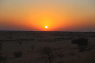A fiery orange and pink sunset casting long shadows over a rugged outback landscape