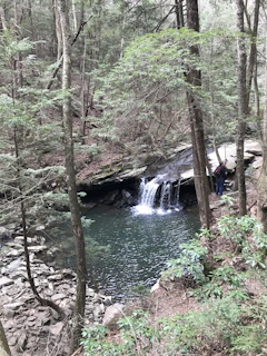 A serene waterfall hidden in the forest with a rider stopping nearby to enjoy the peaceful nature.