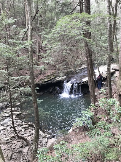 A serene image of a happy woman aged 55, enjoying nature by a waterfall.