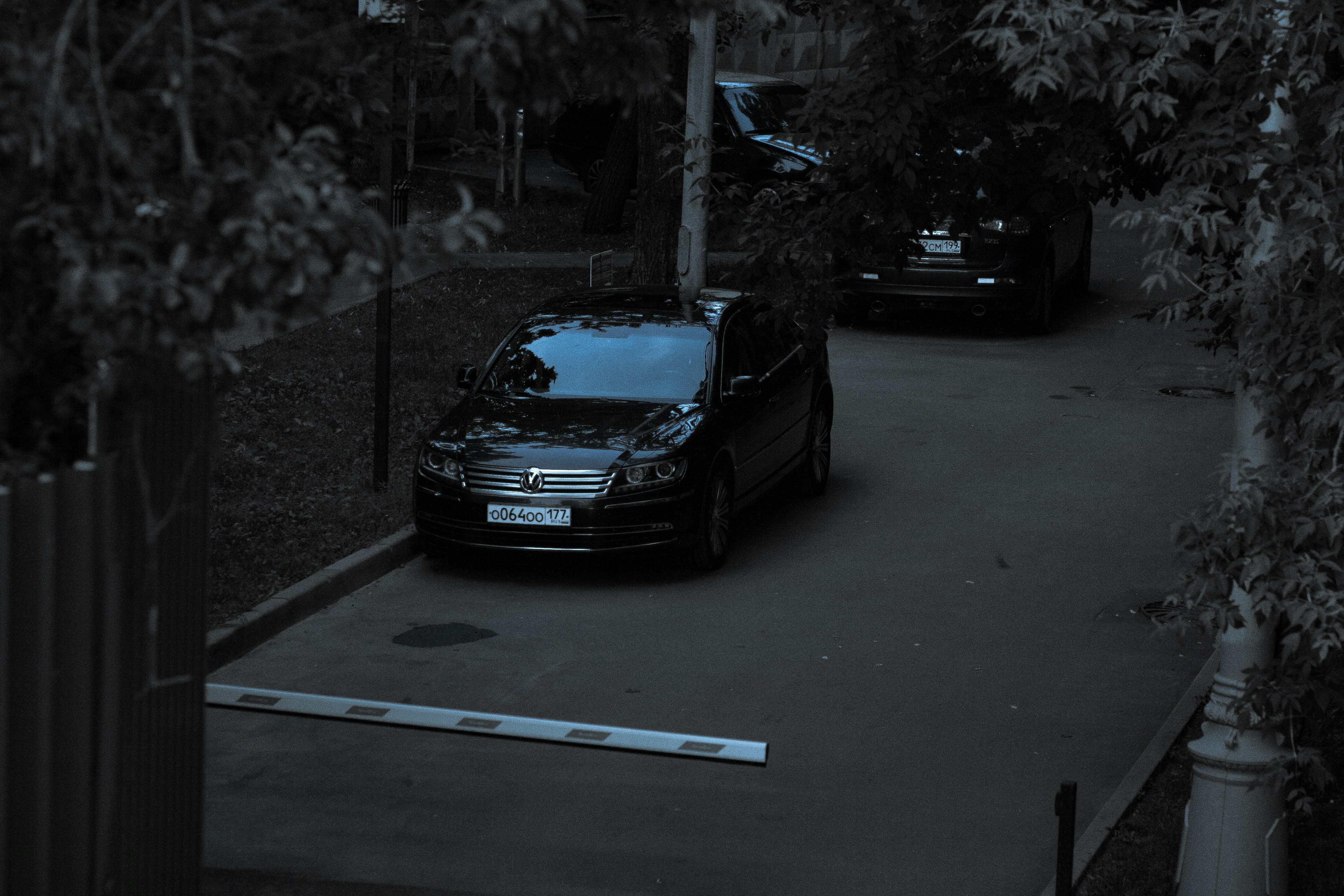 black Volkswagen 3-door hatchback parked near tree
