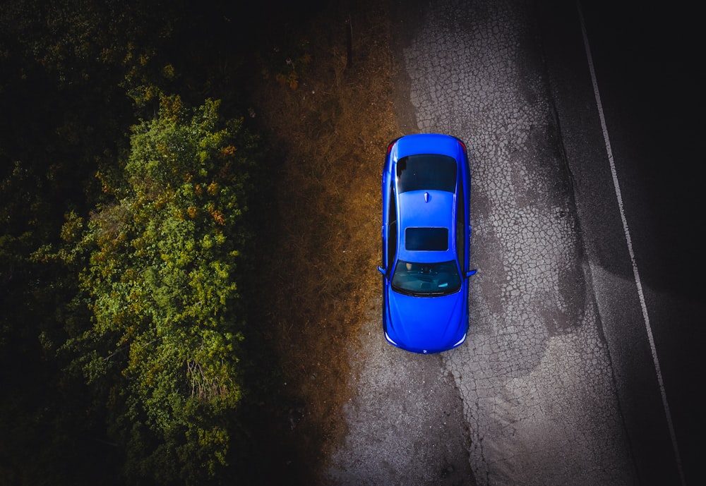 aerial view of blue car