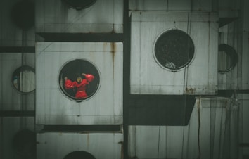 Several square units with circular windows, one of which contains a figure wearing bright red clothing. The architectural style is modular with a grid-like structure. There is a netting covering the entire facade, adding an additional layer of texture.