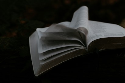 An open book with pages slightly in motion, creating a sense of dynamic movement. The scene is set in low light, contributing to a mysterious and contemplative atmosphere.