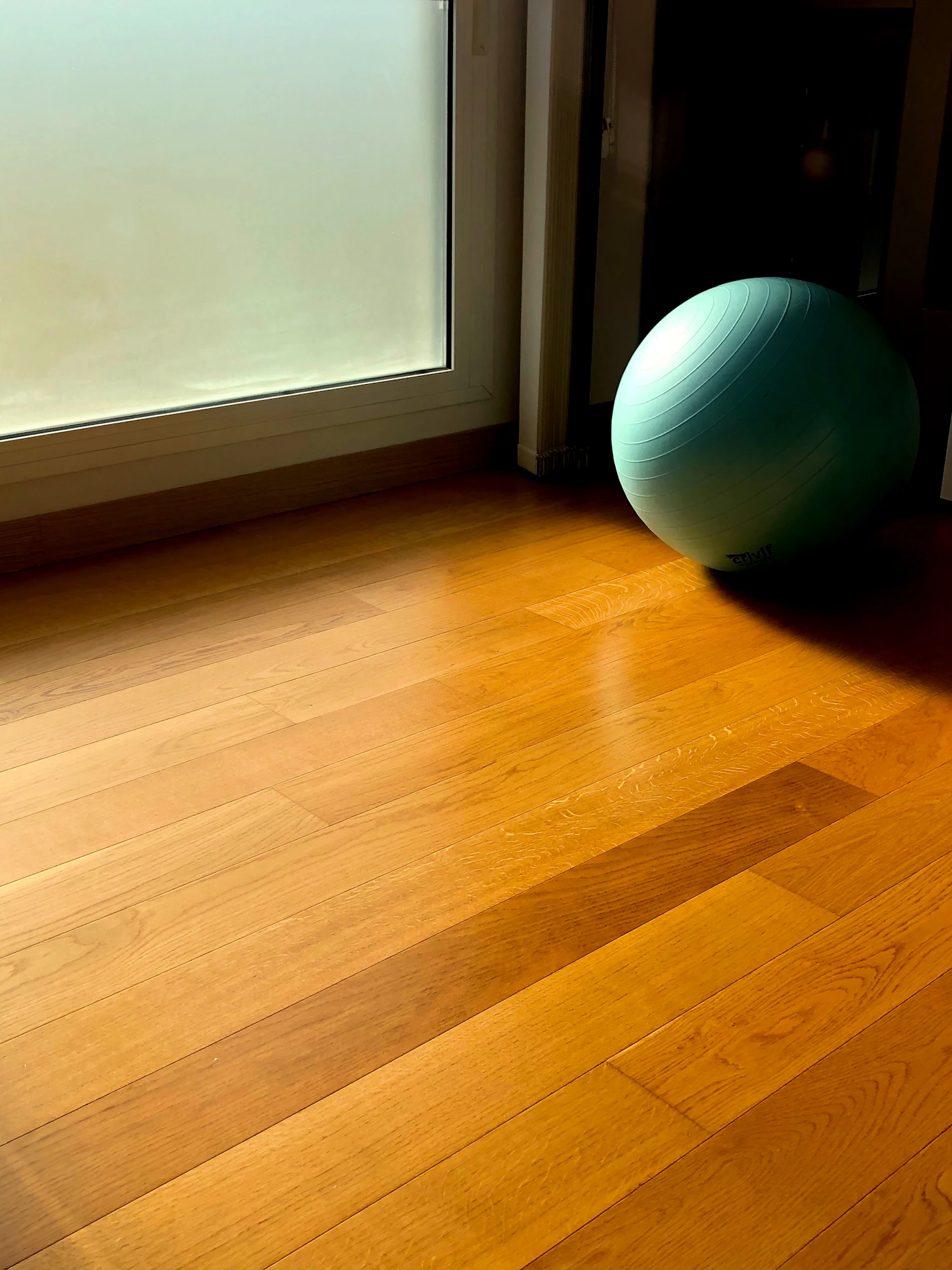A single exercise ball resting against a window on a bare parquet floor