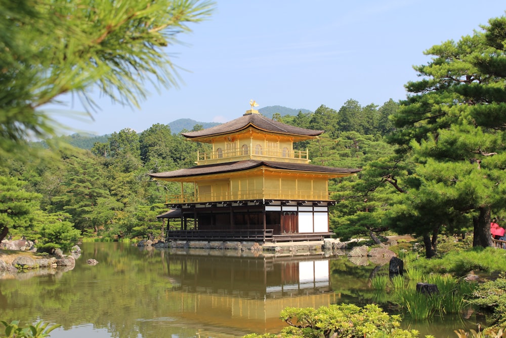 brown and beige pagoda by body of water during daytime
