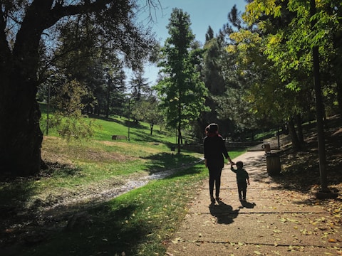A gentle scene of a mother holding hands with her child in a sunlit park.