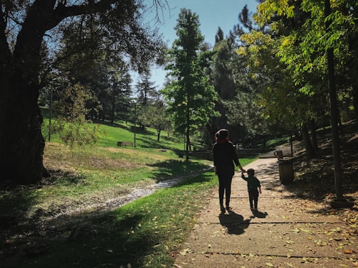 A peaceful outdoor scene of a mother and child walking hand in hand along a quiet path lined with gentle greenery.