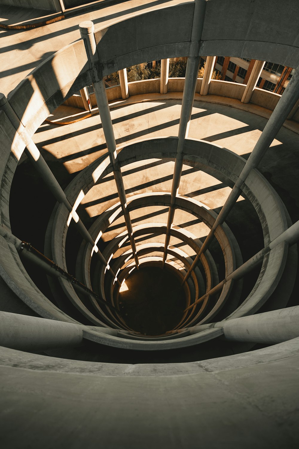 a spiral staircase in a concrete building