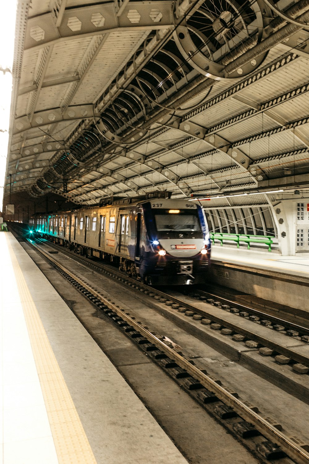 black and white train on train station