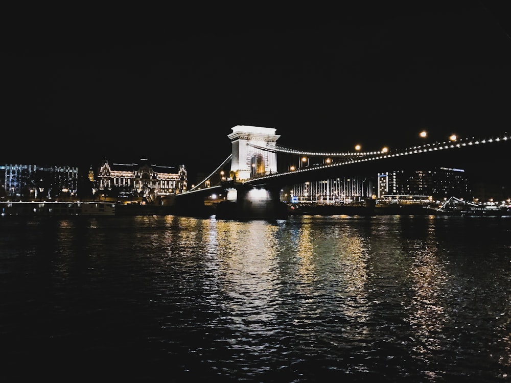 lighted suspension building during nighttime