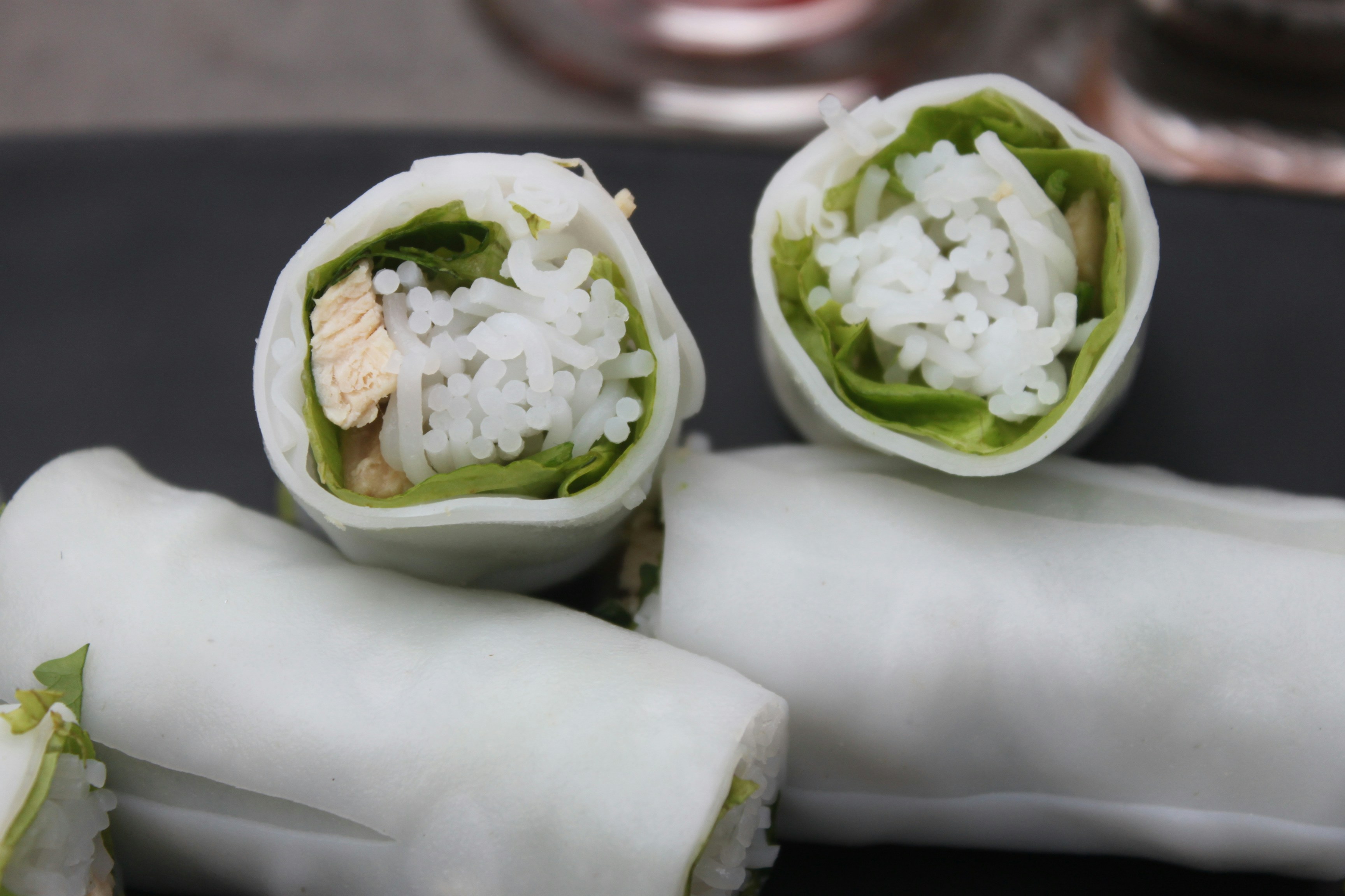 Close-up of cut rice paper rolls