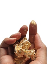 A hand is holding pieces of gold foil, with specks of the foil adhering to the fingertips. The background is a plain white, highlighting the contrast of the metallic shine.