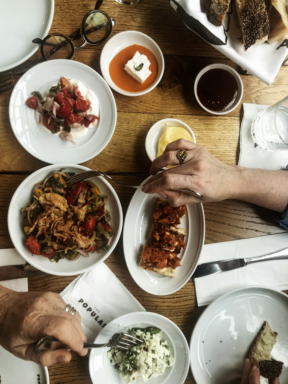 food lot on plates and bowls