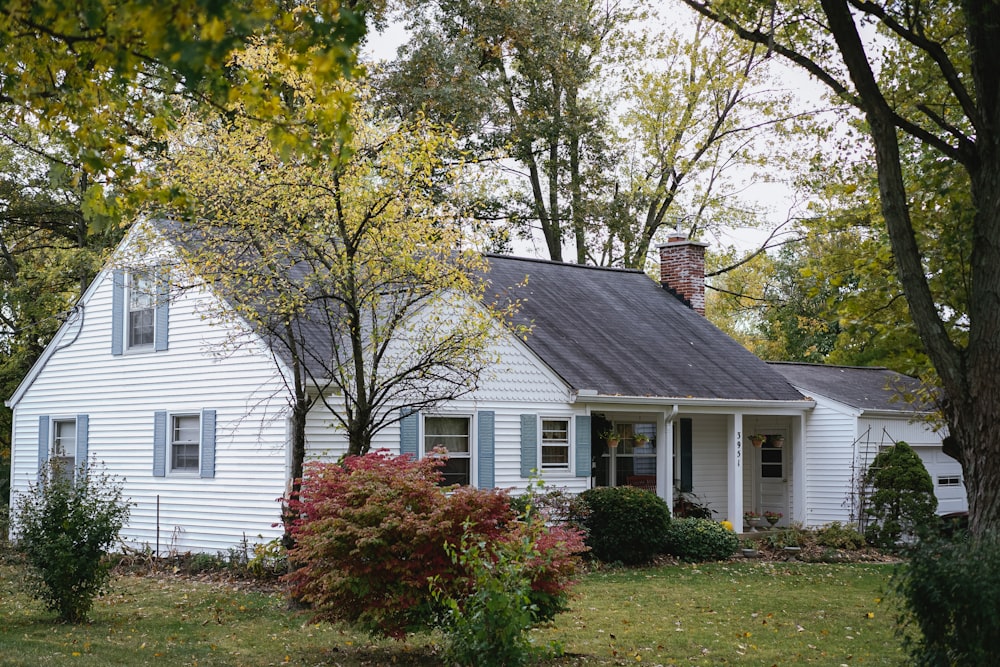 view of white painted house with chimney