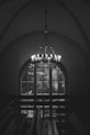 grayscale photo of ceiling lamp