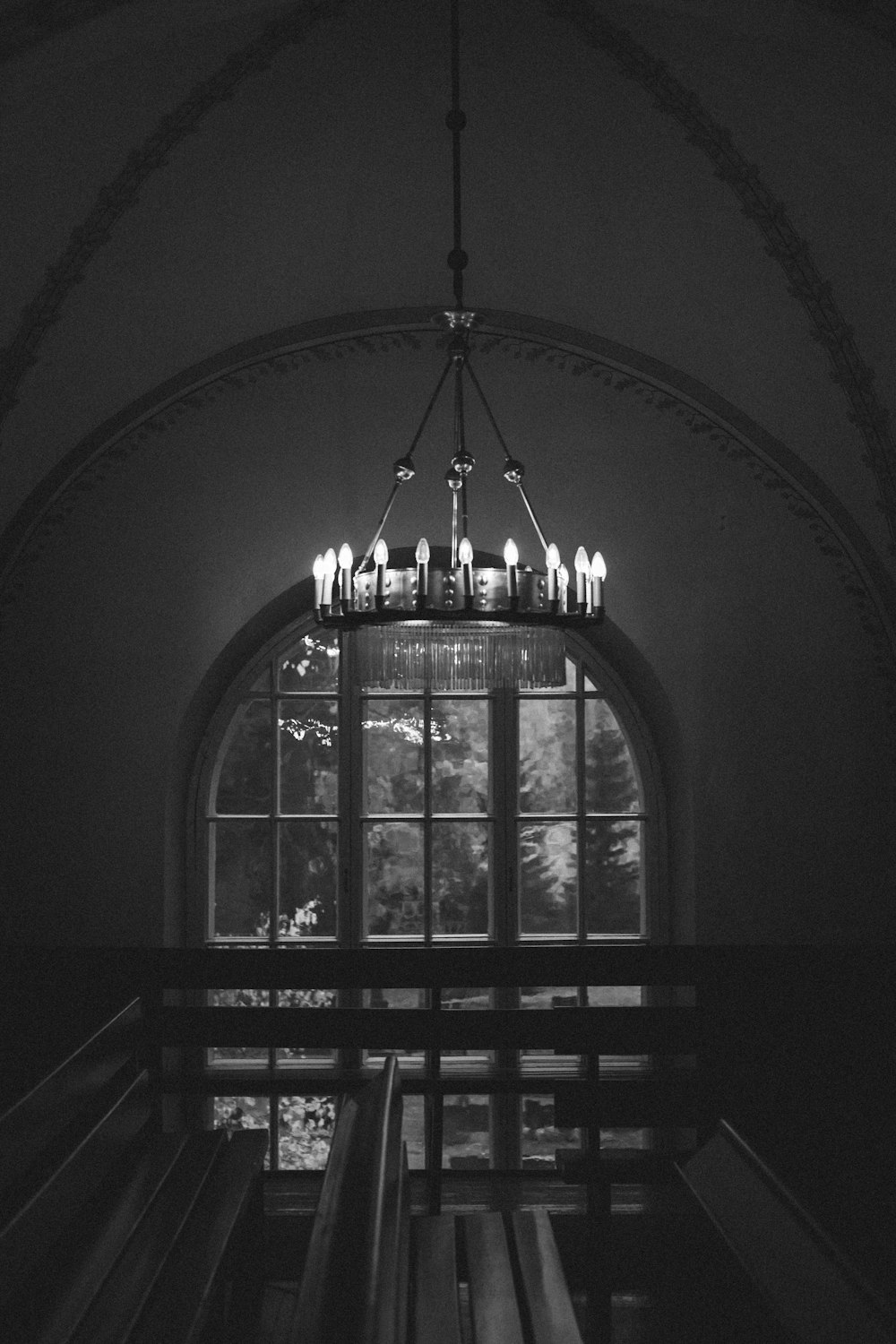 grayscale photo of ceiling lamp