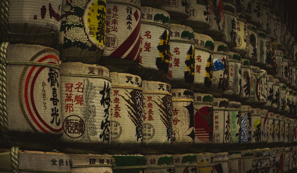 Chinese urns displayed on shelves