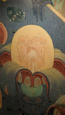 Close-up of Salvador Dalí's intrauterine birth painting highlighting intricate surreal details.