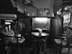 grayscale photography of TV hutch