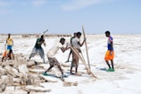 Several people stand and work on a salt flat, using tools to break and collect salt blocks. The landscape is dry and expansive, with a bright, clear sky overhead. The individuals wear casual clothing and appear to be focused on their tasks.