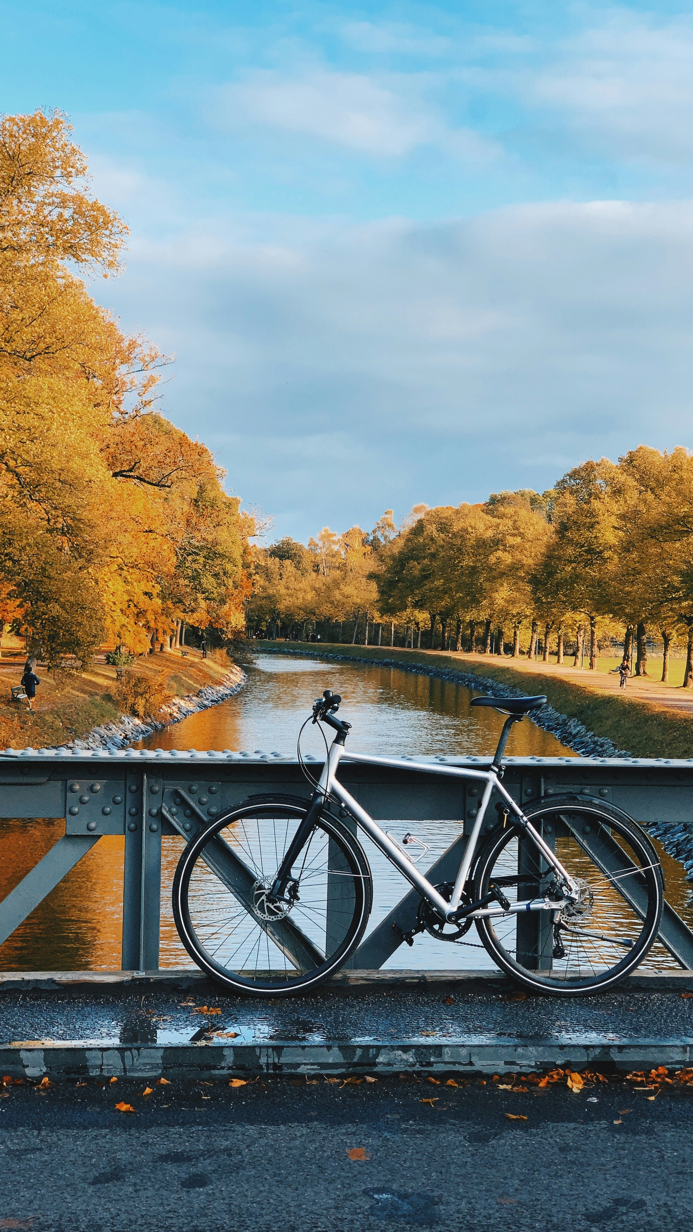 white bicycle leaning on bridge railing