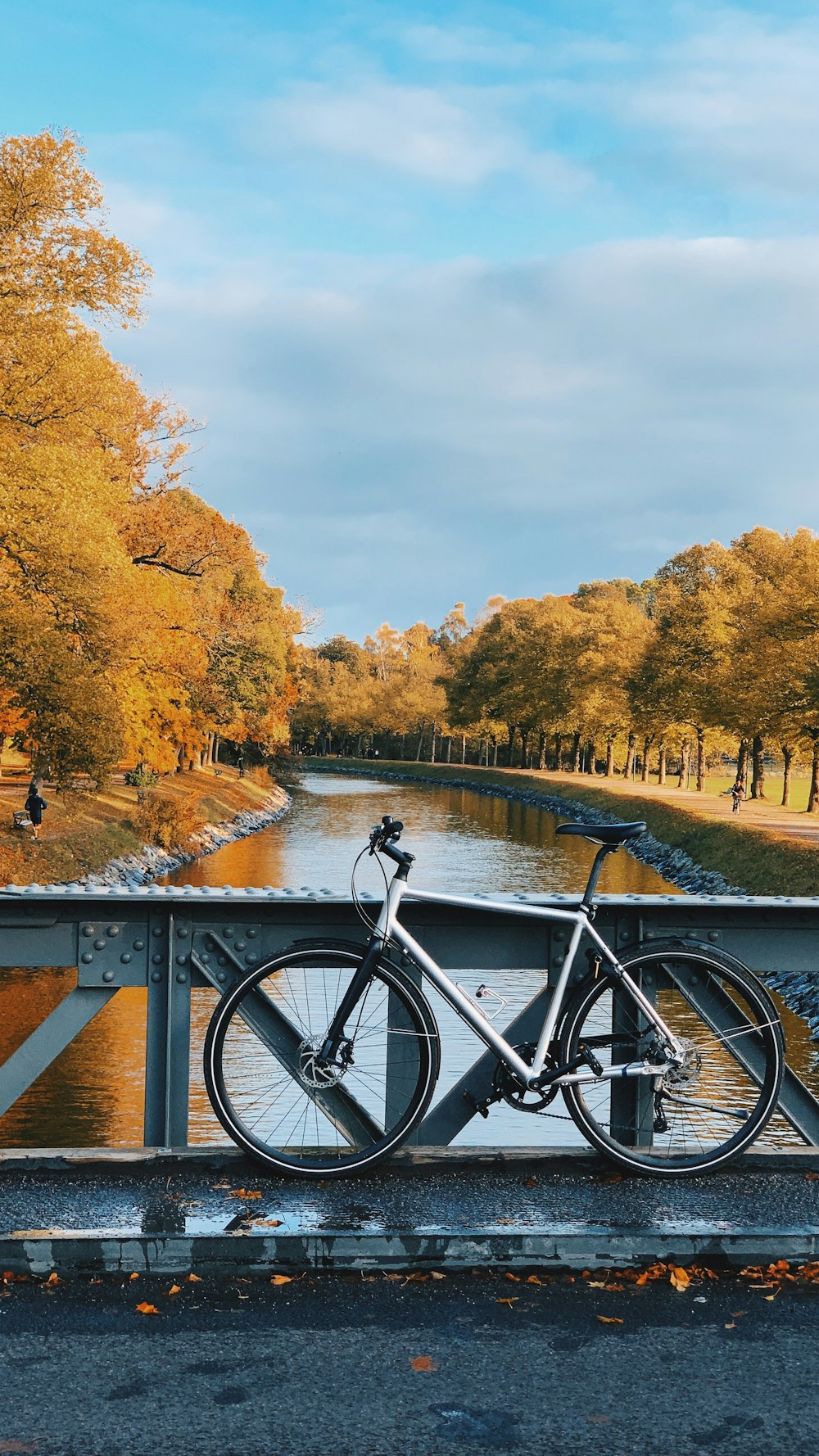 white bicycle leaning on bridge railing