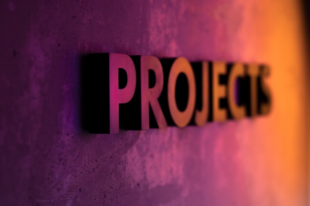 The word 'PROJECTS' appears in large, bold, three-dimensional letters against a textured surface, with vibrant lighting that transitions from purple to orange, creating a dynamic gradient effect.