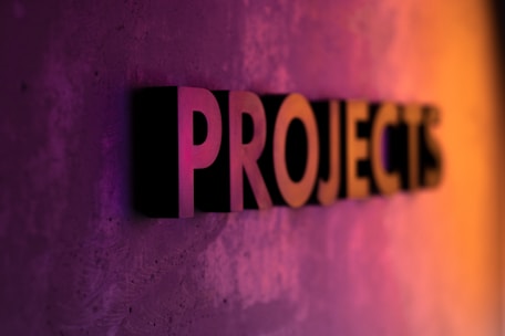 The word 'PROJECTS' appears in large, bold, three-dimensional letters against a textured surface, with vibrant lighting that transitions from purple to orange, creating a dynamic gradient effect.