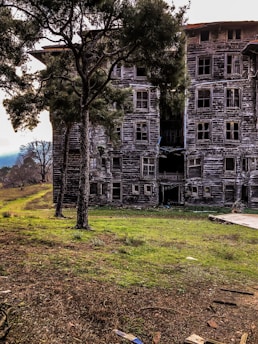 A large, abandoned wooden building with multiple stories and broken or missing windows stands in a grassy area surrounded by trees. The structure appears weathered and aged, with clear signs of decay. Overgrown grass and scattered debris can be seen in the foreground, suggesting neglect. There is a large tree prominently in front of the building, adding to the feeling of abandonment and nature reclaiming the area.