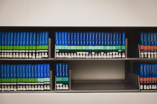 A bookshelf filled with rows of books, primarily organized with blue and green spines, all labeled with titles in white font. The books are neatly arranged on multiple shelves with some sections marked by alphabetical labels.