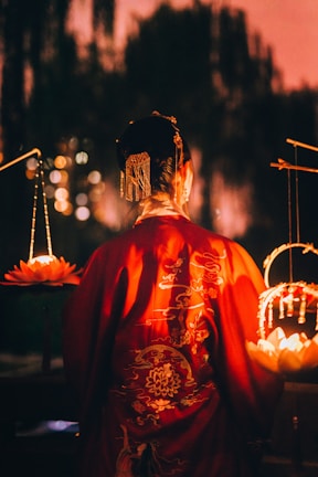 A person wearing a richly decorated red robe with intricate embroidery stands with their back to the viewer. The scene is softly illuminated by warm, glowing lights from lanterns resembling lotus flowers. The background features blurred, dark silhouettes of trees, creating a mystical ambiance.