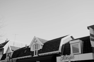 A row of commercial buildings with sloped, tiled roofs under a clear sky. There is a sign for a business named 'Monique' and another partially visible sign on the right. The rooftops feature small dormer windows.