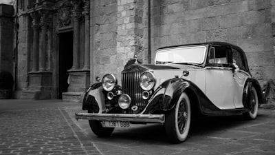 grayscale photography of car