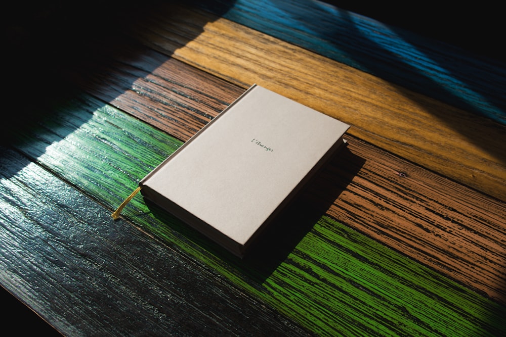 white book on wooden table