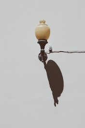 A vintage-style street lamp with an ornate top is attached to a wall. The lamp casts a distinct oval shadow on the light-colored wall. The design is elegant, featuring a pale, opaque glass top and a dark metal base.