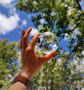 unknown person holding clear glass ball