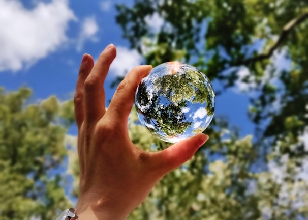 unknown person holding clear glass ball