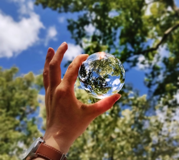unknown person holding clear glass ball