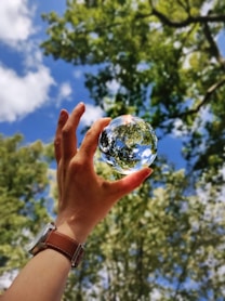 unknown person holding clear glass ball