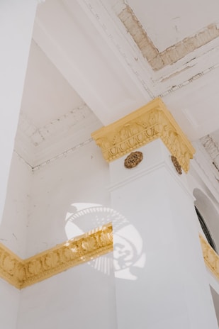 Architectural details of a building's corner with ornate moldings and intricate yellow designs. Natural light casts a decorative shadow on a white wall, highlighting the textured surface and the geometric patterns of the molding.