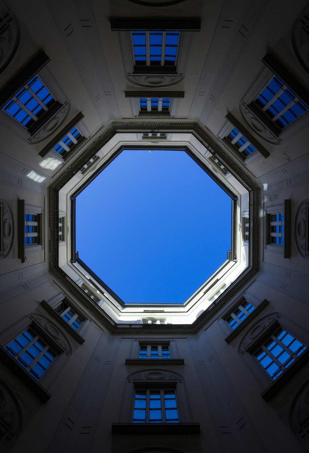 a view looking up at the ceiling of a building