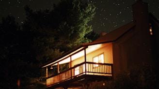 Cozy cabin exterior surrounded by trees with warm lighting at dusk