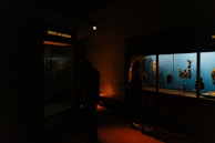 Two people stand in a dimly lit exhibition room, observing artifacts displayed in glass cases. The lighting from the exhibition highlights the figures and the objects, creating a stark contrast with the darker surroundings. The exhibits are labeled with themes related to divinity and authority.