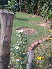 A garden setting with a combination of green grass and neatly planted trees and shrubs. The foreground features a close-up of a wooden fence post. In the center, there are small white and purple flowers growing alongside the fence. The background consists of lush foliage and tall trees, with a narrow path lined by red bricks running through the grass.