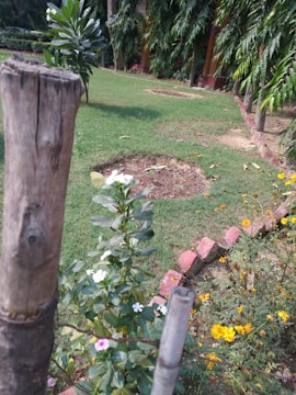 A garden setting with a combination of green grass and neatly planted trees and shrubs. The foreground features a close-up of a wooden fence post. In the center, there are small white and purple flowers growing alongside the fence. The background consists of lush foliage and tall trees, with a narrow path lined by red bricks running through the grass.