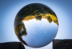 reflection of trees and sky on clear ball