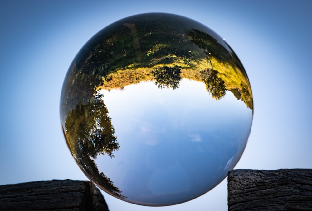 reflection of trees and sky on clear ball