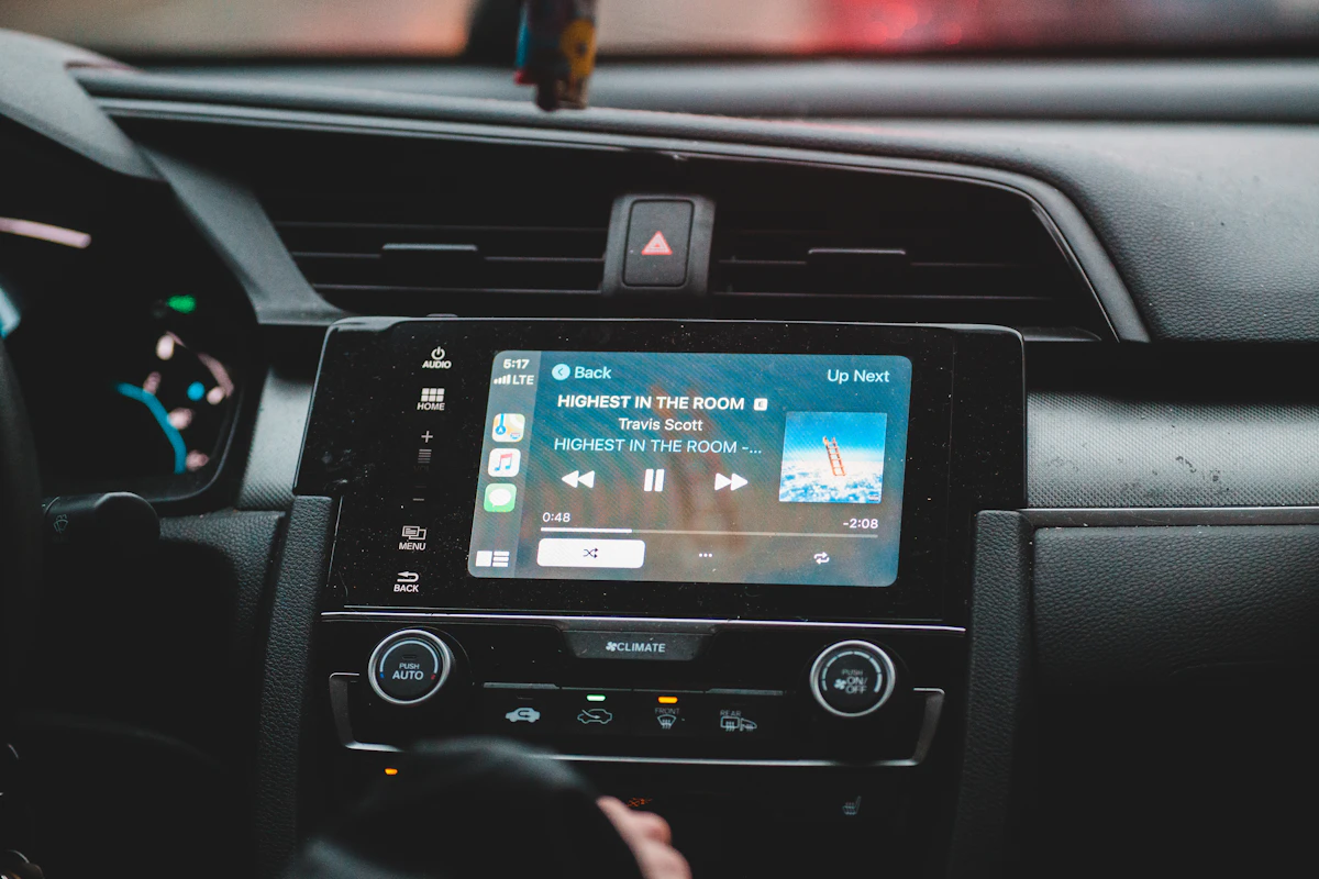 Music player interface running on Android Auto's infotainment screen