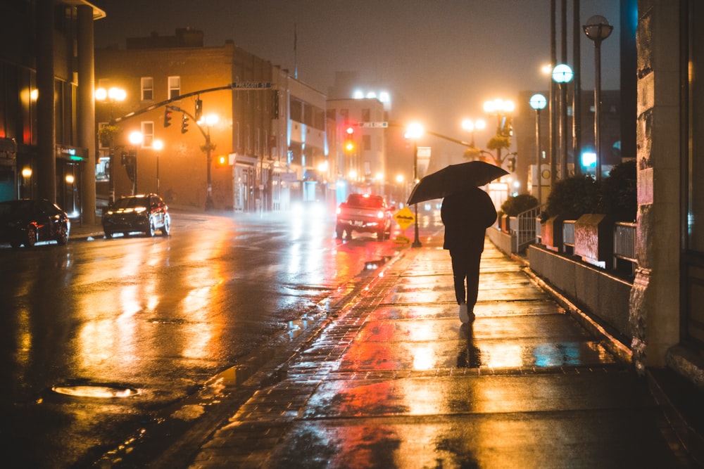 Persona che cammina sulla pioggia con l'ombrello