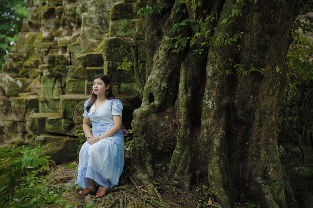 woman in blue dress sitting beside tree